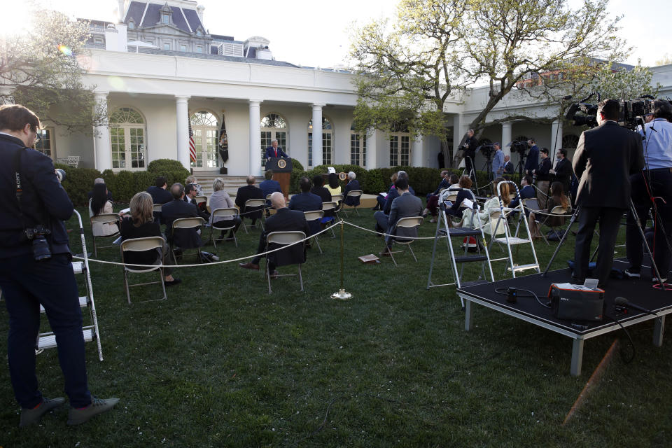 President Donald Trump speaks about the coronavirus in the Rose Garden of the White House, Monday, March 30, 2020, in Washington. (AP Photo/Alex Brandon)