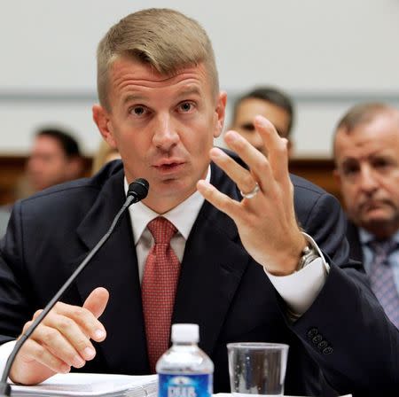 FILE PHOTO: Erik Prince, founder of the Blackwater security firm, testifies before a committee of the U.S. Congress about security contracting in Iraq and Afghanistan on Capitol Hill in Washington, October 2, 2007. REUTERS/Larry Downing/Files