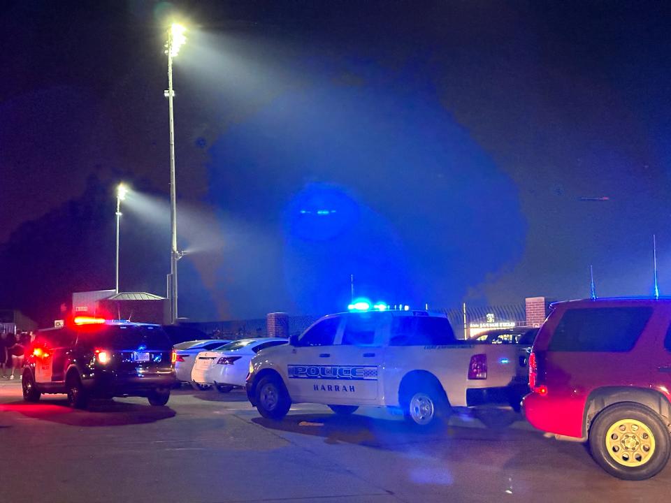 Emergency vehicles arrive to take control of the situation at Choctaw High School where a shooting occurred on the Del City side of the stadium Friday, August 25, 2023. Alonzo Adams for The Oklahoman