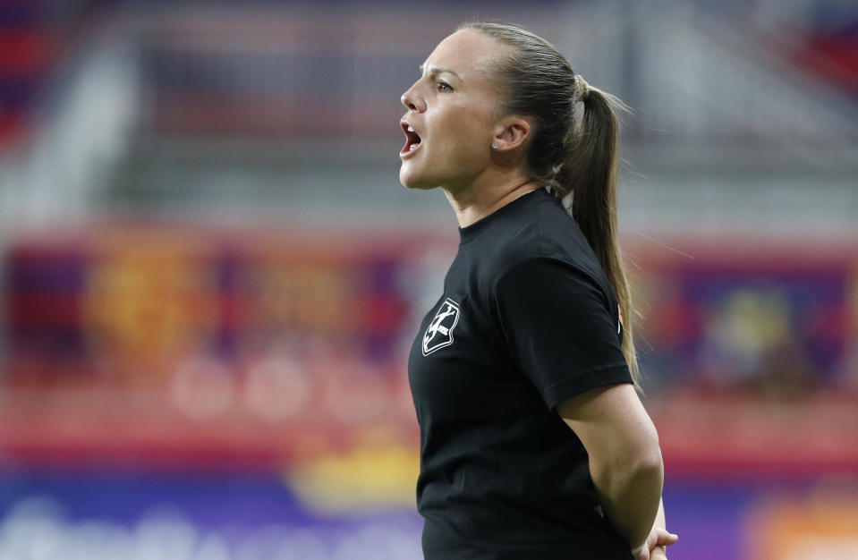 SANDY, UT - JUNE 29:  Amy Rodriguez head coach of the Utah Royals calls in a play during the second half of their game against the Portland Thorns FC at America First Field on June 29, 2024 in Sandy, Utah. (Photo by Chris Gardner/Getty Images)