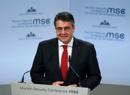 FILE PHOTO: German Foreign Minister Sigmar Gabriel talks at the Munich Security Conference in Munich, Germany, February 17, 2018. REUTERS/Ralph Orlowski/File Photo