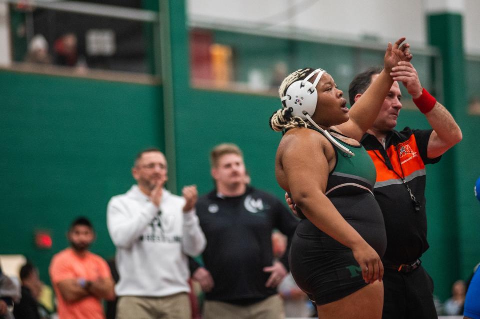 Minisink Valley's Patricia Deslandes wins the 235 pound weight class championship during Eastern State Classics at SUNY Sullivan in Loch Sheldrake, NY on Saturday, January 13. 2024. Minisink's Patricia Deslandes won the title.