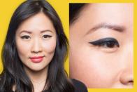 <p>There are so many versions of cat eye makeup, and <strong>monolids</strong> are the perfect canvas to experiment on. </p><p>For this more dramatic style, Lavonne recommends a much thicker line — continue to thicken the original look by adding layer after layer until you reach your desired thickness to cover the lid.</p>