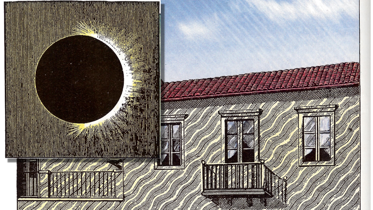  A drawing of a house during a solar eclipse; on the outside of the house are wavy lines of shadow. 