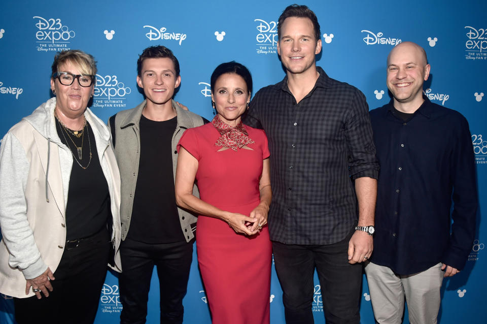 ANAHEIM, CALIFORNIA - AUGUST 24: (L-R) Producer Kori Rae, Tom Holland, Julia Louis-Dreyfus, Chris Pratt, and Director Dan Scanlon of 'Onward' took part today in the Walt Disney Studios presentation at Disney’s D23 EXPO 2019 in Anaheim, Calif.  'Onward' will be released in U.S. theaters on March 6, 2020. (Photo by Alberto E. Rodriguez/Getty Images for Disney)