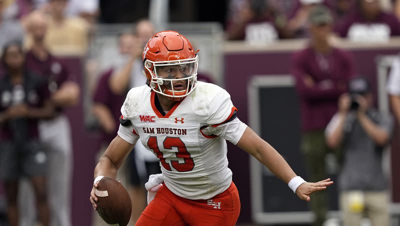 Sam Houston QB Jordan Yates scrambles out of the pocket during game against Texas A&M Saturday, Sept. 3, 2022, in College Station, Texas. The program will be making its FBS debut Saturday in Provo against BYU.