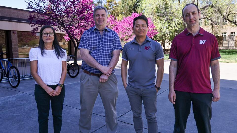 West Texas A&M University faculty members recently earned a $200,000 National Science Foundation grant to improve success rates in science classes for underrepresented students. Pictured, from left, are Dr. Maha Shrestha, assistant professor of chemistry; Dr. Nick Flynn, professor of biochemistry and principal investigator for the project; Dr. Keshav Shrestha, assistant professor of physics; and Dr. Erik Crosman, assistant professor of environmental science and assistant department head. Not pictured is Dr. Rebecca VanderLeest, assistant professor of geology.