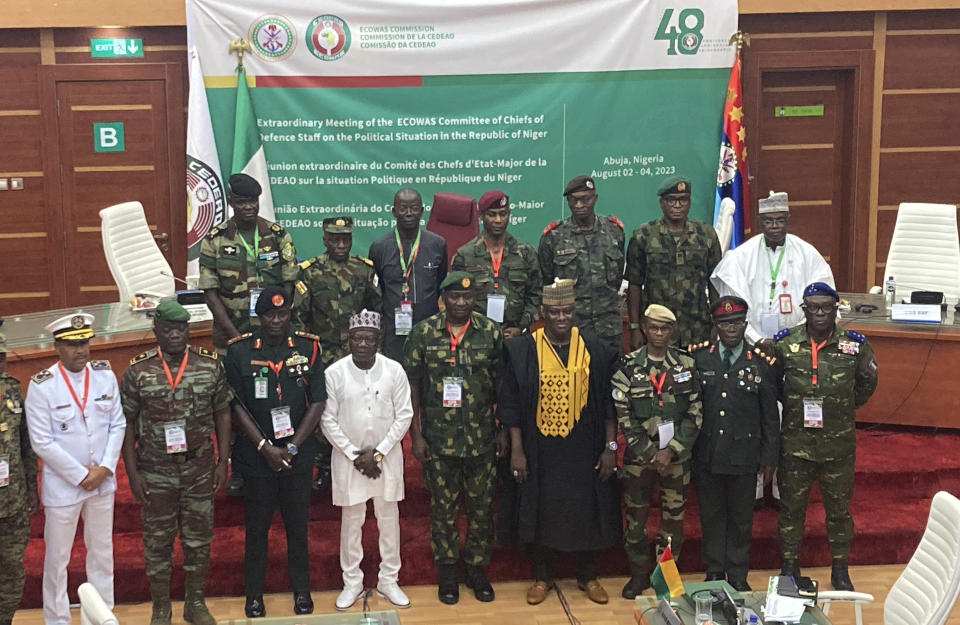 The defense chiefs from the Economic Community of West African States (ECOWAS) countries excluding Mali, Burkina Faso, Chad, Guinea and Niger pose for a group photo during their extraordinary meeting in Abuja, Nigeria, Friday, Aug. 4, 2023, to discuss the situation in Niger. (AP Photo/ Chinedu Asadu)