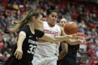 Stanford guard Hannah Jump, left, and Washington State forward Ula Motuga go after a rebound during the second half of an NCAA college basketball game, Friday, Feb. 3, 2023, in Pullman, Wash. Stanford won 71-38. (AP Photo/Young Kwak)