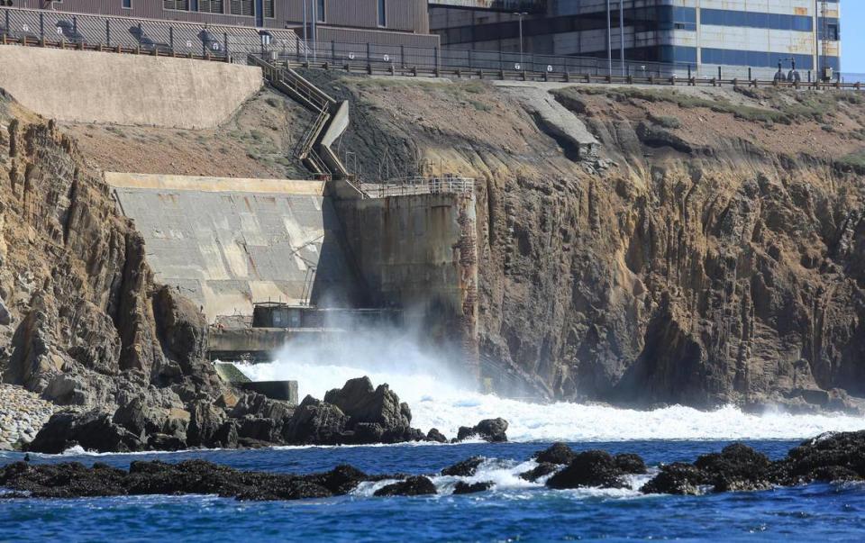 Warm water pours out from the discharge structure of Diablo Canyon nuclear power plant as seen on Feb. 25, 2022. To dismantle the discharge structure, PG&E proposes building a cofferdam in the ocean to form a water-tight barrier and isolate the area for demolition work.