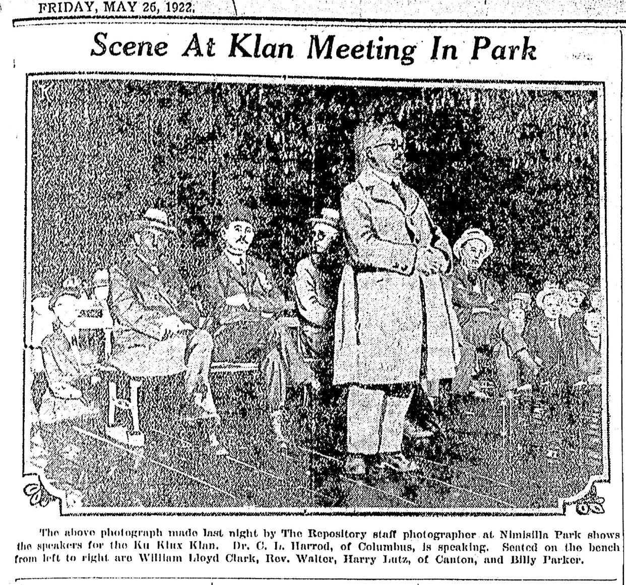 A photo from the May 26, 1922, edition of The Canton Repository shows a gathering of the Ku Klux Klan in Nimisilla Park in Canton. The meeting was the subject of much protest, and had been scaled back by the group after concerns.
