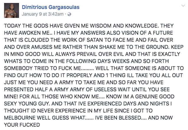 Dimitrious Gargasoulas' recent rant on Facebook. Source: Facebook