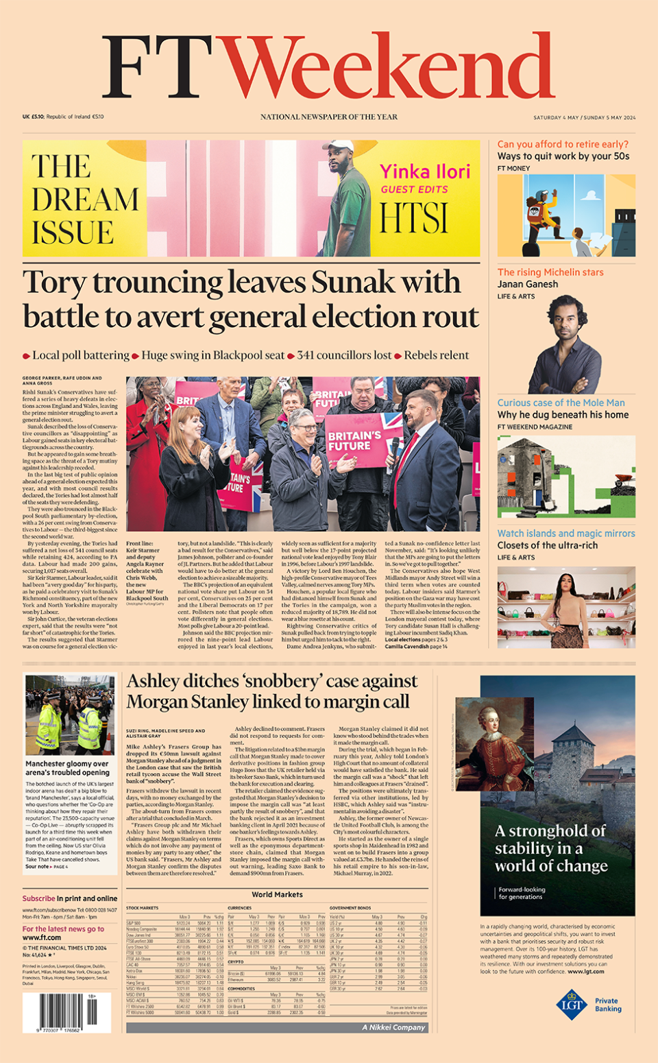 The main headline on the front page of the FT Weekend reads: "Tory trouncing leaves Sunak with battle to avert general election rout"