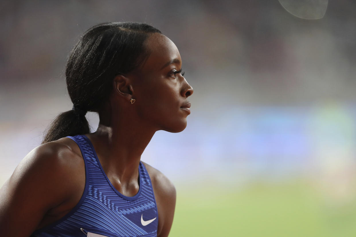 United States' Dalilah Muhammad competes in the Women's 400 meters hurdles during the Diamond League in Doha, Qatar, Friday, May 3, 2019. (AP Photo/Kamran Jebreili)