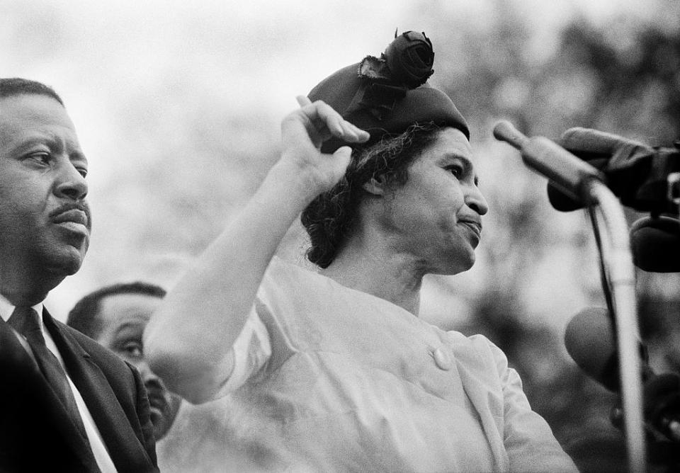 Rosa Parks speaking on Mar. 25, 1965, at conclusion of the Selma to Montgomery march for voting rights. | Stephen F. Somerstein—Getty Images