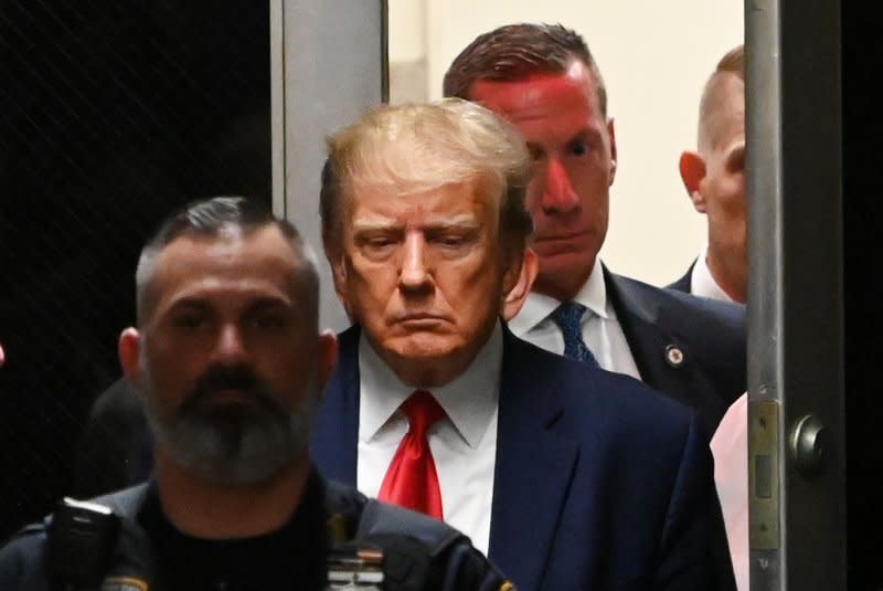 Former President Donald Trump departs State Supreme Court in New York City, where he was arraigned on state charges in April. File Photo by Louis Lanzano/UPI