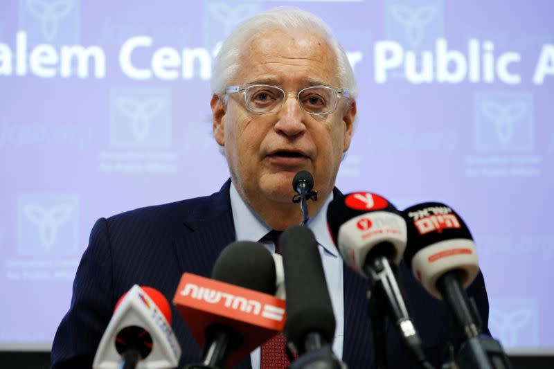 U.S. Ambassador to Israel David Friedman speaks during a briefing at The Jerusalem Center for Public Affairs in Jerusalem