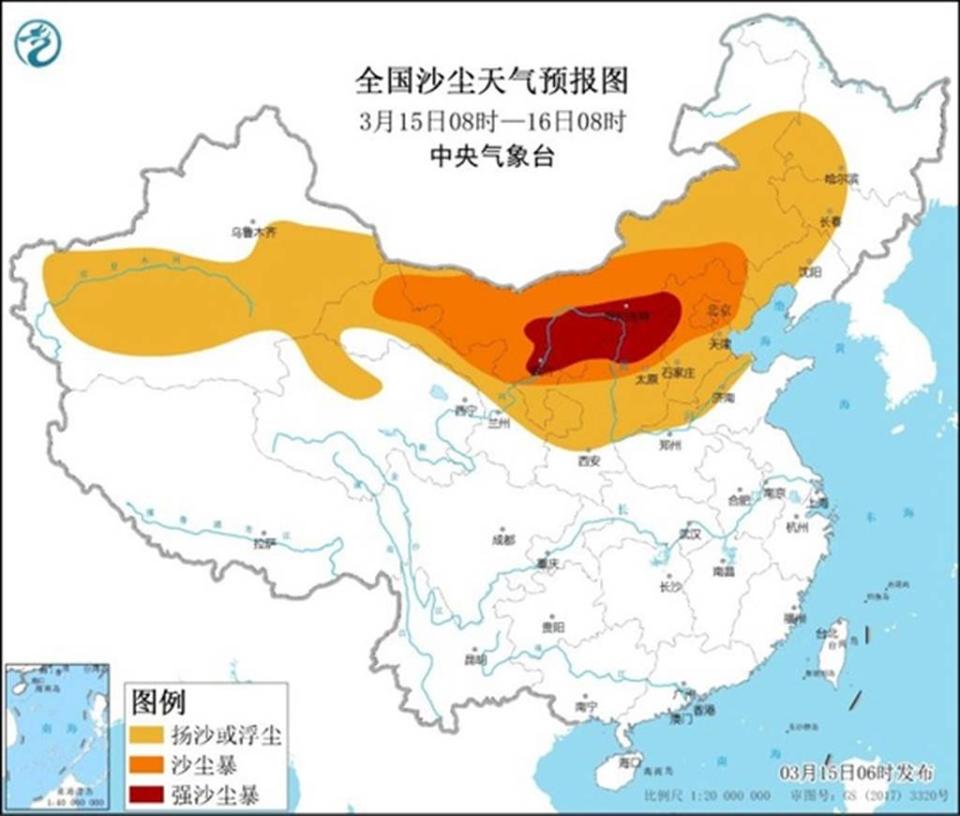 3月15日的這場10年多年來最強大的沙塵暴不只攻擊北京，整個北方12省市都受到影響。（圖／中央氣象台）