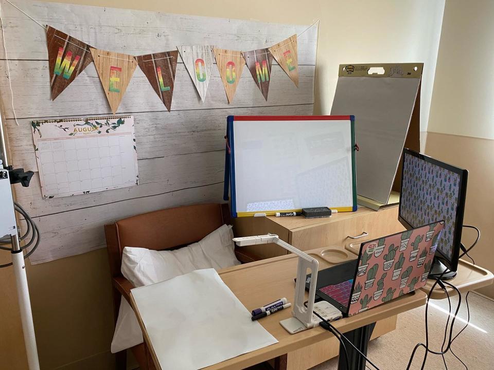 Teacher Janet Udomratsak transformed her hospital room into a makeshift distance learning workspace. (Photo: Janet Udomratsak)