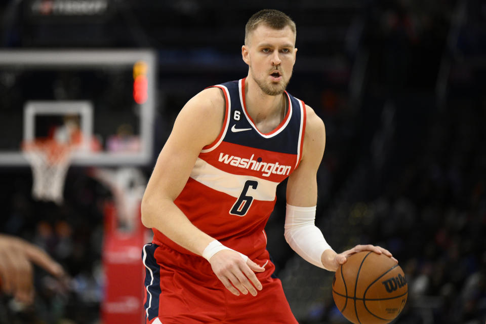 Washington Wizards center Kristaps Porzingis bring risk in a fantasy trade, but also plenty of upside. (AP Photo/Nick Wass)