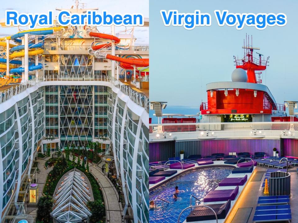 Left: a Royal Caribbean ship. Right: a Virgin Voyages ship