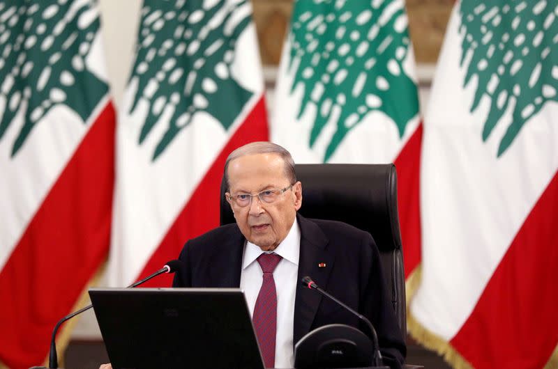 FILE PHOTO: Lebanon's President Michel Aoun delivers a speech at the presidential palace in Baabda