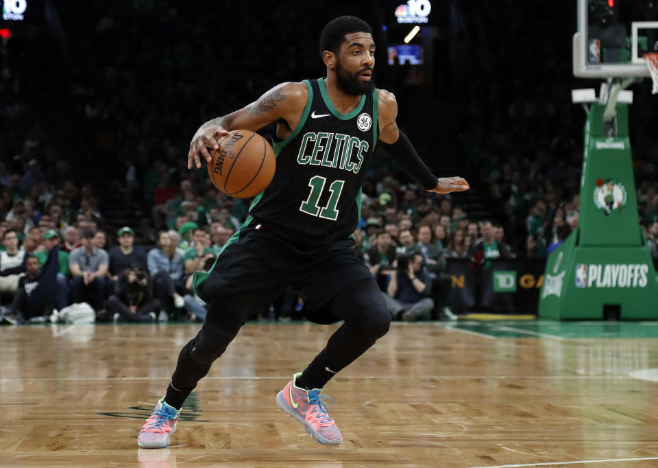 Boston Celtics' Kyrie Irving during the second quarter in Game 1 of a first-round NBA basketball playoff series against the Indiana Pacers, Sunday, April 14, 2019, in Boston. (AP Photo/Winslow Townson)