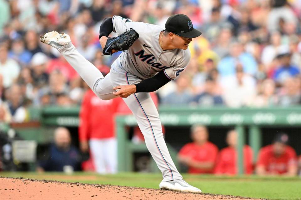 Miami Marlins starting pitcher Jesus Luzardo (44) pitches against the Boston Red Sox during the fifth inning at Fenway Park.