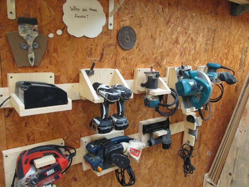 <p>In this example, French cleats are used to secure power tools against the wall for easy access.</p>