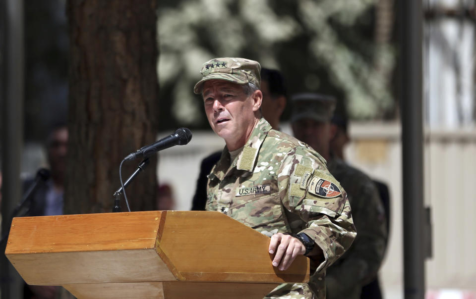 U.S. Army Gen. Austin Miller speaks during the change of command ceremony at Resolute Support headquarters in Kabul, Afghanistan, Sunday, Sept. 2, 2018. Miller assumed command of the 41-nation NATO mission in Afghanistan following a handover ceremony. (AP Photo/Massoud Hossaini)