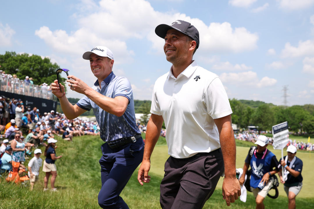 LOUISVILLE, KENTUCKY - MAY 16: Xander Schauffele of the United States and Justin Thomas of the United States walk off the ninth green during the first round of the 2024 PGA Championship at Valhalla Golf Club on May 16, 2024 in Louisville, Kentucky. (Photo by Christian Petersen/Getty Images)