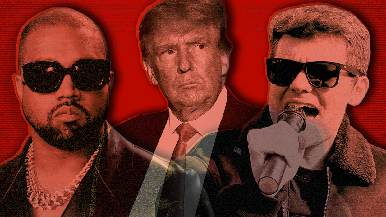 Kanye West (aka Ye), Donald Trump and Nick Fuentes, shouting into a microphone. (Photo illustration: Kelli R. Grant/Yahoo News; photos: Jean-Baptiste Lacroix/AFP via Getty Images, Joe Raedle/Getty Images, Rainmaker Photos/MediaPunch /IPX via AP)