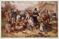 This image made available by the Library of Congress shows a reproduction of a painting by Jean Leon Gerome Ferris titled "First Thanksgiving" made between 1900-1920. Most American children grow up with the feel-good story of the Pilgrims: How Pokanoket sachem (leader) Massasoit extended the hand of friendship to the English settlers, helping them survive their first winter on these shores, and later joining them for the first Thanksgiving feast. But there is a darker side to that tale, as related by Mayflower passenger Edward Winslow in his 1624 tract, "Good Newes From New England." (J.L.G. Ferris/Library of Congress via AP)