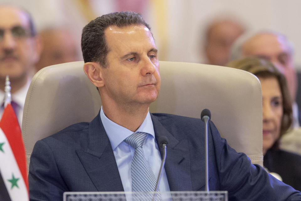 In this photo provided by Saudi Press Agency, SPA, Syrian President Bashar Assad chairs his deletions during the Arab summit in Jeddah, Saudi Arabia, Friday, May 19, 2023. (Saudi Press Agency via AP)