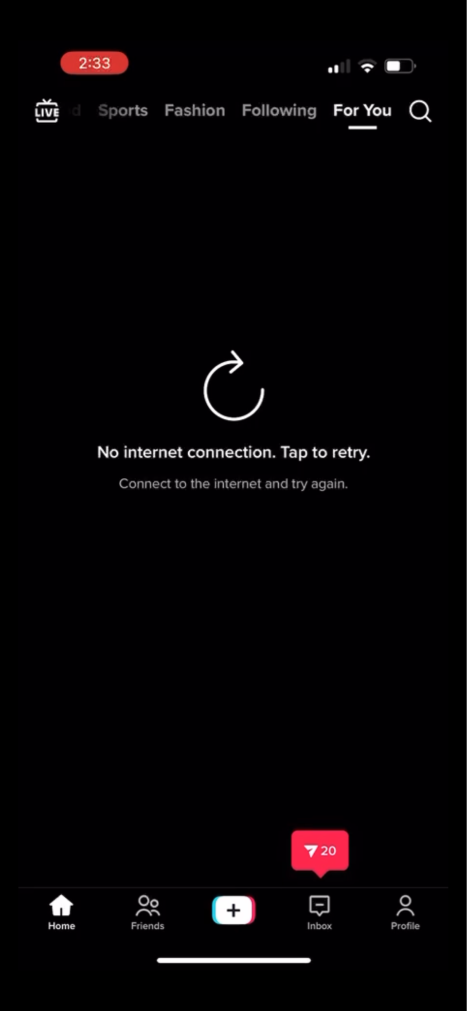 A screenshot provided by a Purdue University student which reads "No internet connection. Tap to retry." on Tuesday, March 28, 2023.