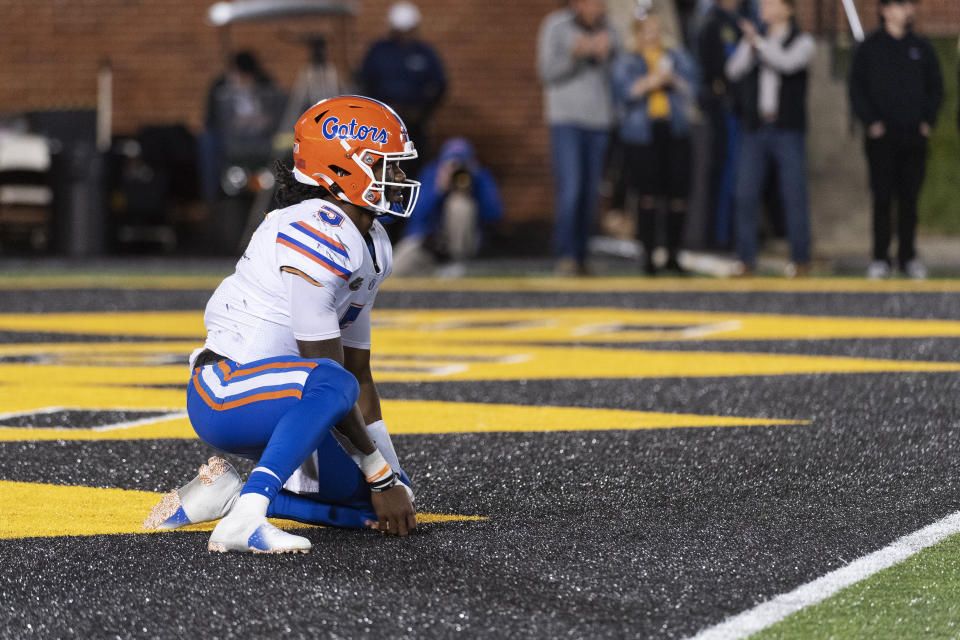 Florida quarterback Emory Jones sits in his end zone after an incomplete pass during the fourth quarter of an NCAA college football game against Missouri, Saturday, Nov. 20, 2021, in Columbia, Mo. (AP Photo/L.G. Patterson)