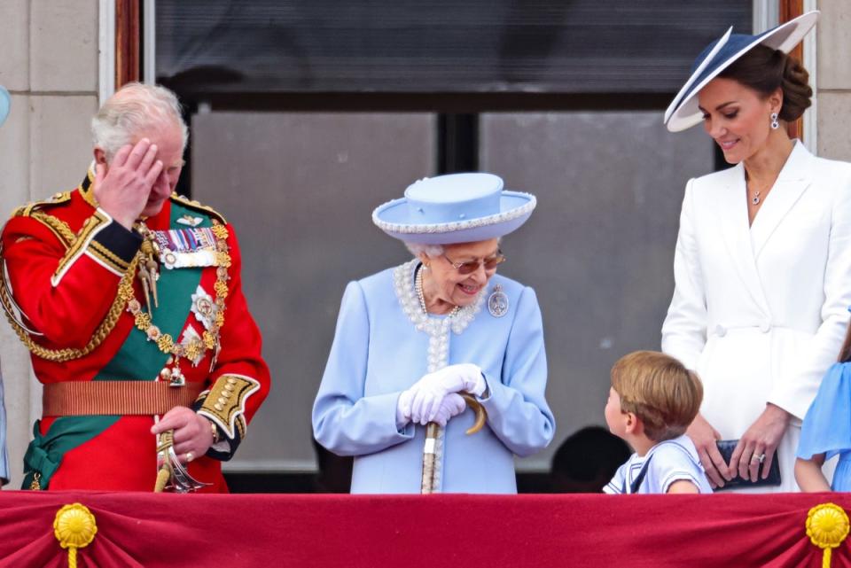 Prince Charles, Prince of Wales, Queen Elizabeth II, Prince Louis of Cambridge and Catherine, Duchess of Cambridge on the balcony of Buckingham Palace (Getty)