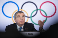 International Olympic Committee (IOC) president Thomas Bach from Germany speaks during a press conference after the executive board meeting of the International Olympic Committee (IOC), at the Olympic House, in Lausanne, Switzerland, Wednesday, March 4, 2020. (Jean-Christophe Bott/Keystone via AP)