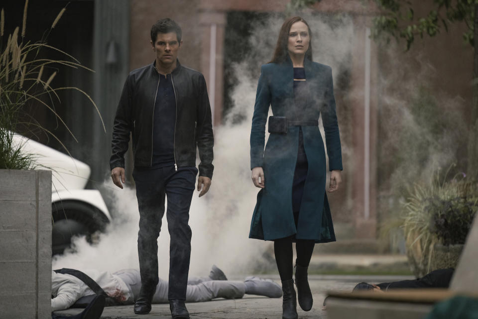 This image released by HBO shows James Marsden and Evan Rachel Wood in a scene from "Westworld." (John Johnson/HBO via AP)