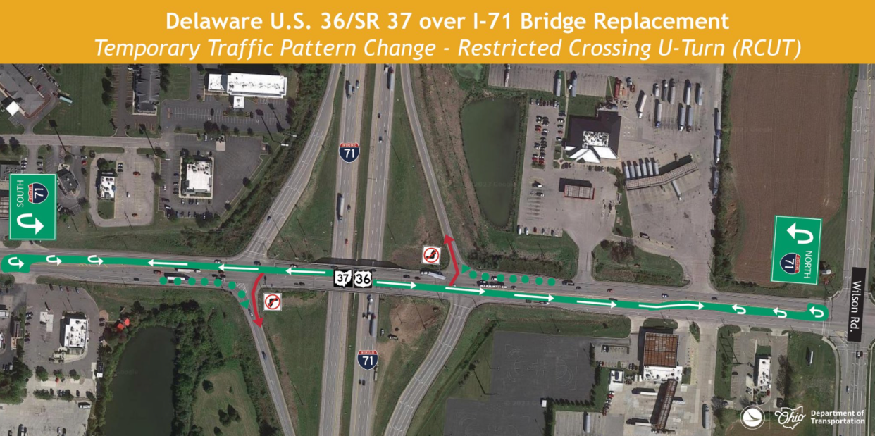 Ohio Department of Transportation issued a reminder that starting Sunday night there will be a temporary RCUT pattern on U.S. 36/37 at the Interstate 71 interchange. Traffic seeking access to I-71 from 36/37 will need to use the new U-turn lanes to access the on-ramps.