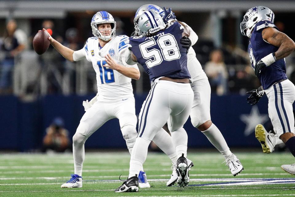 Lions quarterback Jared Goff makes a pass against Dallas Cowboys during the second half at AT&T Stadium in Arlington, Texas on Saturday, Dec. 30, 2023.