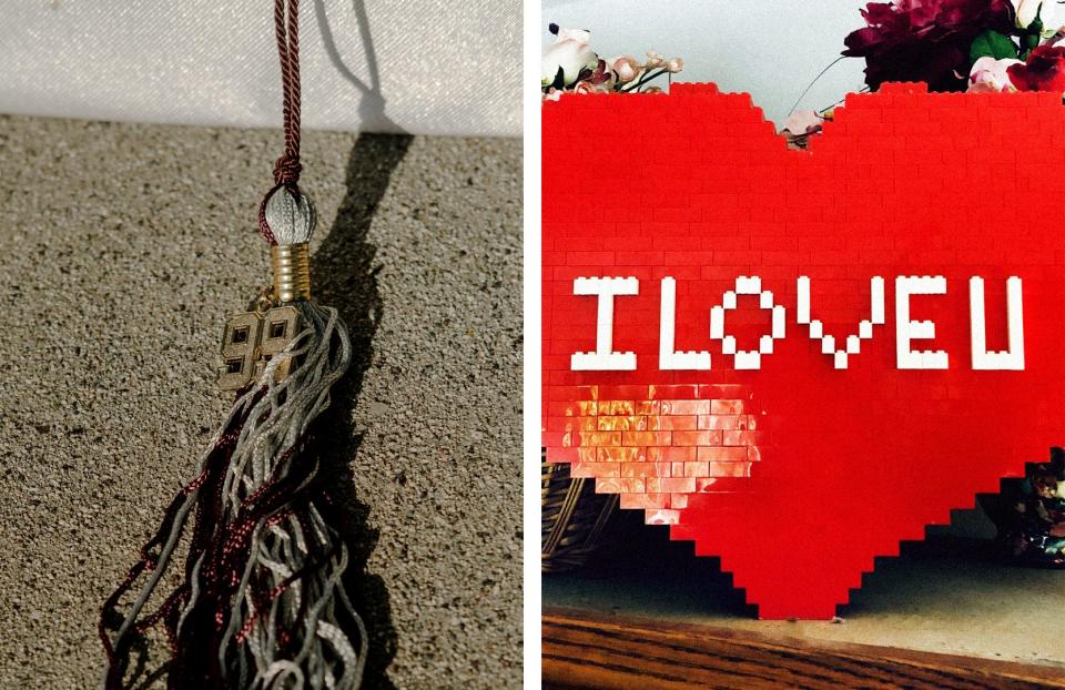 L: A 1999 cap tassel; R: A heart shaped Lego gift Chan gave L.