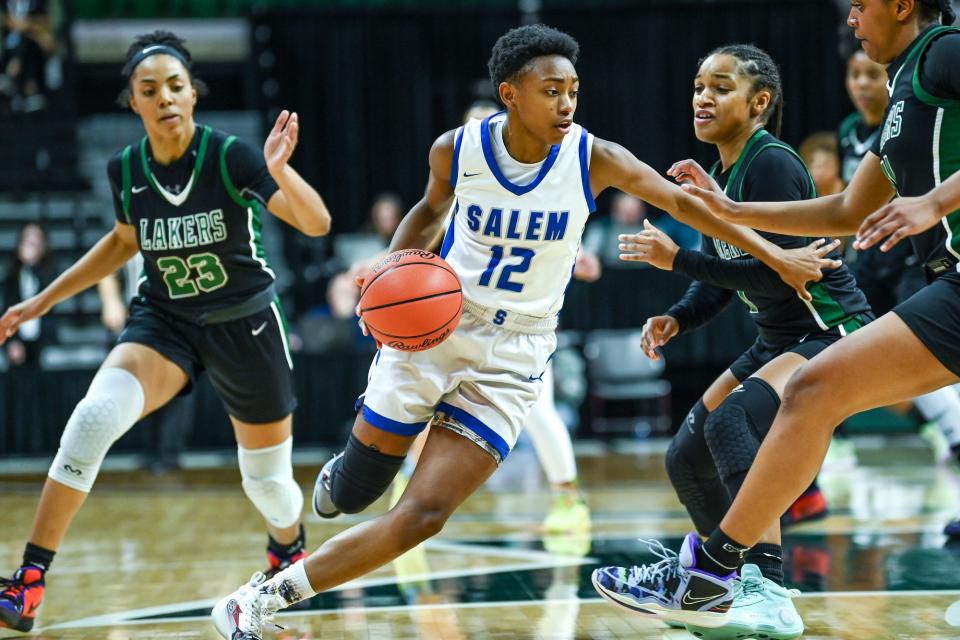 Salem's Madison Morson moves the ball against West Bloomfield during the third quarter on Friday, March 17, 2023, at the Breslin Center in East Lansing.