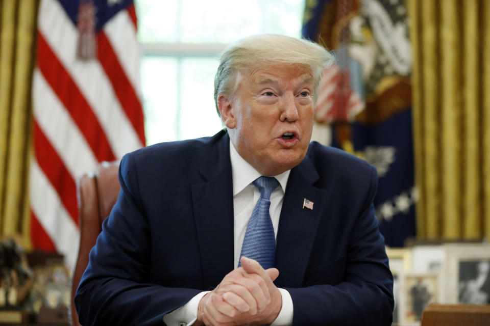 President Donald Trump speaks in the Oval Office of the White House, Friday, May 15, 2020, in Washington. (AP Photo/Alex Brandon)