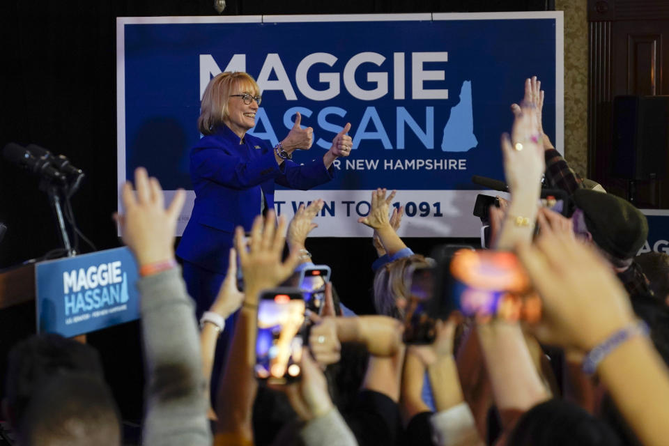 Sen. Maggie Hassan, D-N.H., gives thumbs up to supporters during an election night campaign event Tuesday, Nov. 8, 2022, in Manchester, N.H. (AP Photo/Charles Krupa)