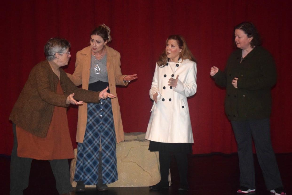 Becky Stapf, from left to right, Beth Fort, Shaun Ancelet (an actress from Indianapolis) and Emily Bedwell rehearse a scene from "The Women of Lockerbie" that will be shown at Brown County Playhouse April 12-21, 2024.