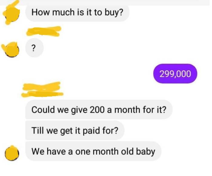 text message from the person asking if they can pay $200 a month for a house because they have a 1 month old baby
