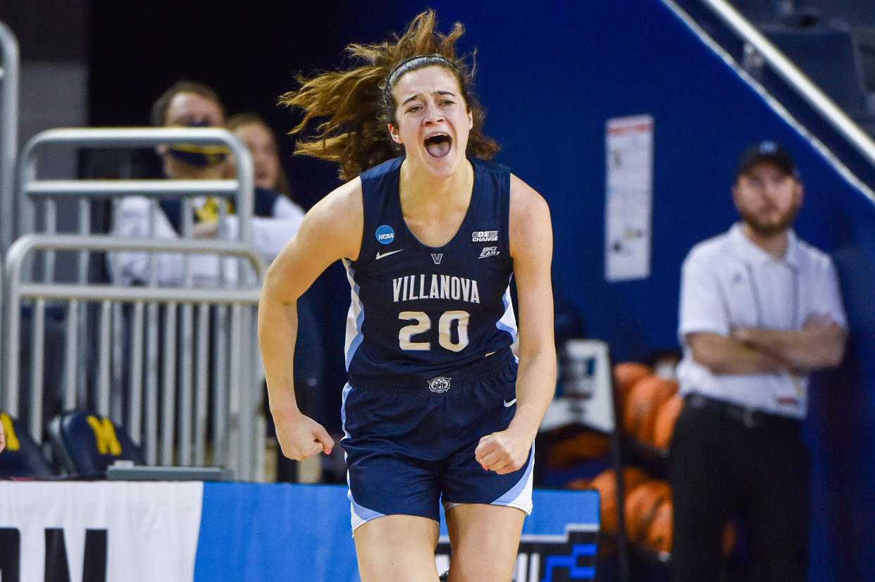 Maddy Siegrist #20 of the Villanova Wildcats reacts after scoring a basket during the second half of a Women's NCAA Basketball Tournament First Round game against the BYU Cougars at Crisler Arena on March 19, 2022 in Ann Arbor, Michigan.  The Villanova Wildcats won the game 61-57 over the BYU Cougars. (Photo by Aaron J. Thornton/Getty Images)