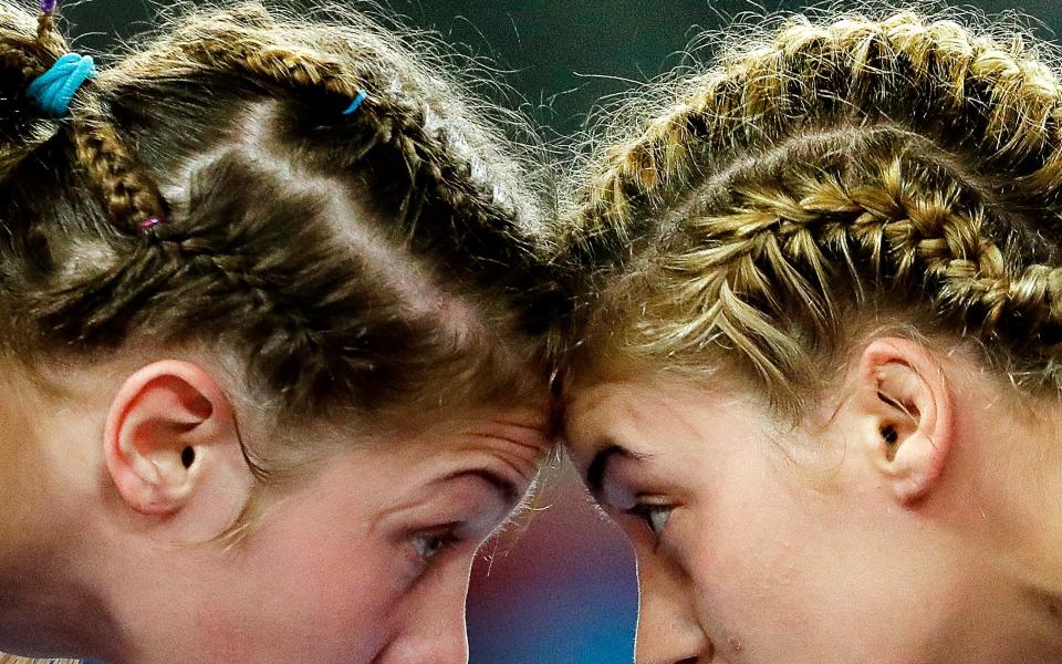 United States' Helen Louise Maroulis, right, and Ukraine's Yuliia Khavaldzhy Blahinya compete during the women's wrestling freestyle 53-kg competition at the 2016 Summer Olympics in Rio de Janeiro - Credit: Charlie Riedel/The Associated Press