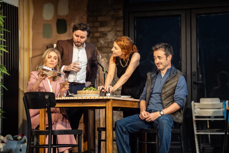 donna air as lauren, james buckley as ben, stacey dooley as jenny, joe mcfadden as sam on stage during the 2 22 a ghost story theatre show